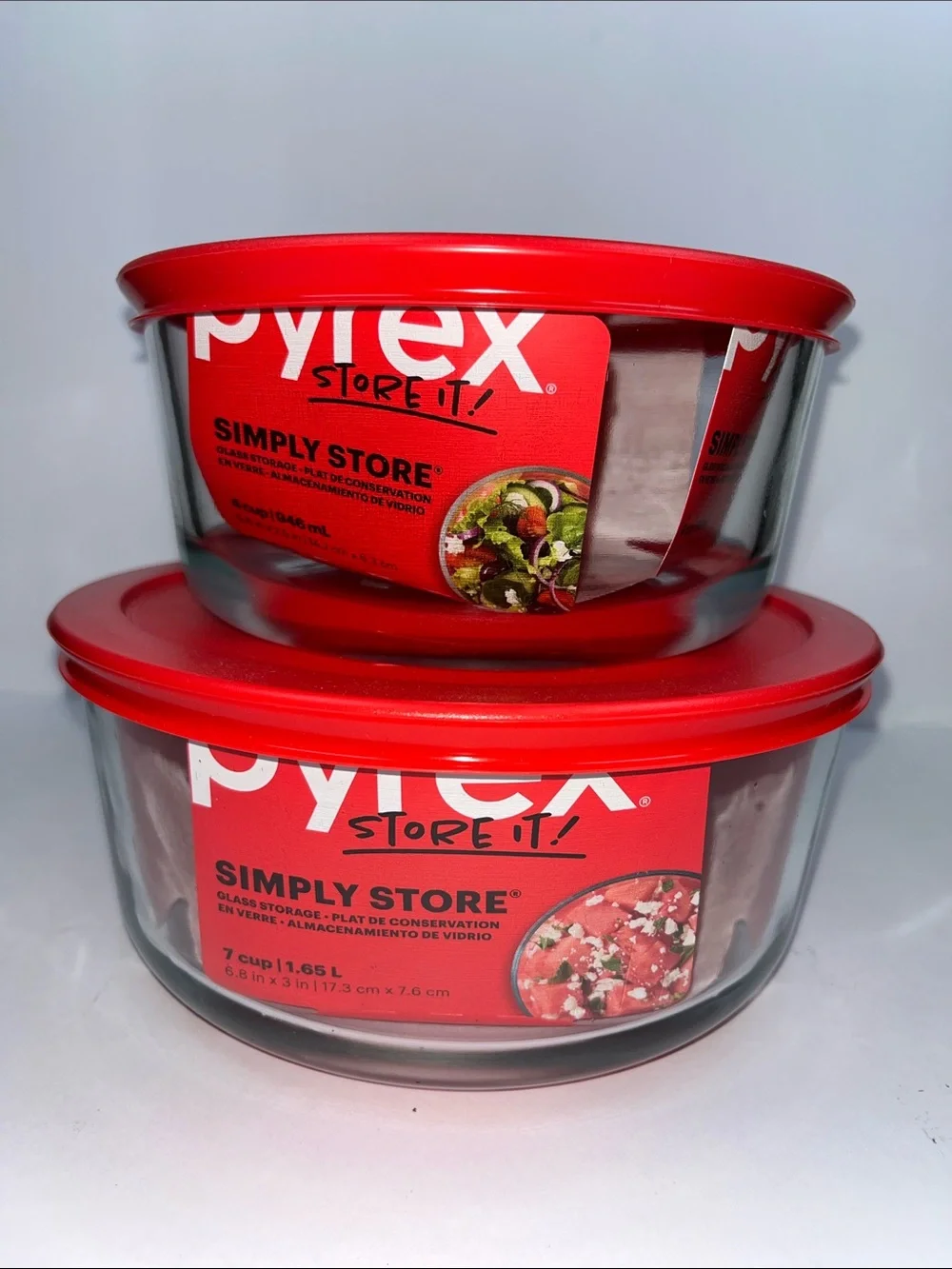 Pyrex Glass Storage Bowls with Red Lids - Set of 2